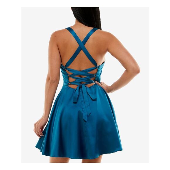 B DARLIN Womens Teal Open Up Back Lined Sleeveless Short Dress Juniors 15\16 - Picture 2 of 4